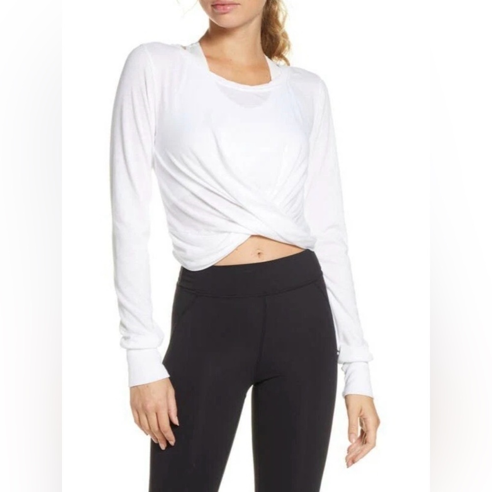 Small Free People Movement White Cotton Blend Twist Front Cropped Long Sleeve
